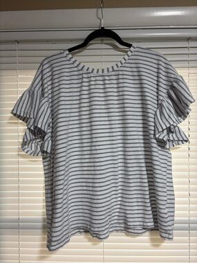 Jane and Delancey White and Light Blue Striped Ruffle Sleeve Top